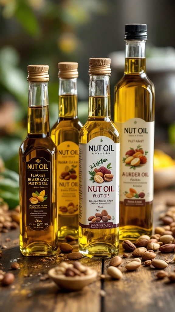 Various bottles of nut oils arranged on a wooden table with nuts scattered around.