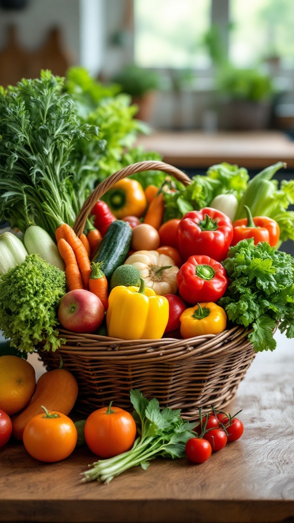 A basket filled with fresh fruits and vegetables on a wooden table.