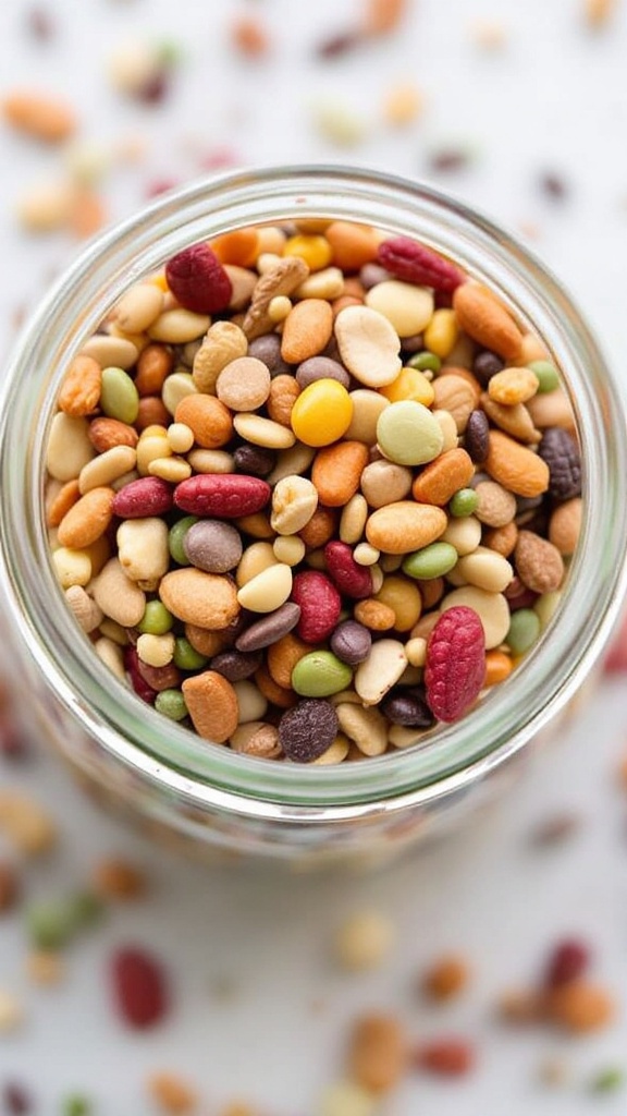 A colorful assortment of nuts and seeds in a glass jar