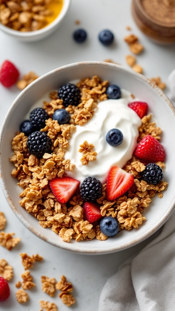 A bowl of nutty granola topped with yogurt and fresh berries.