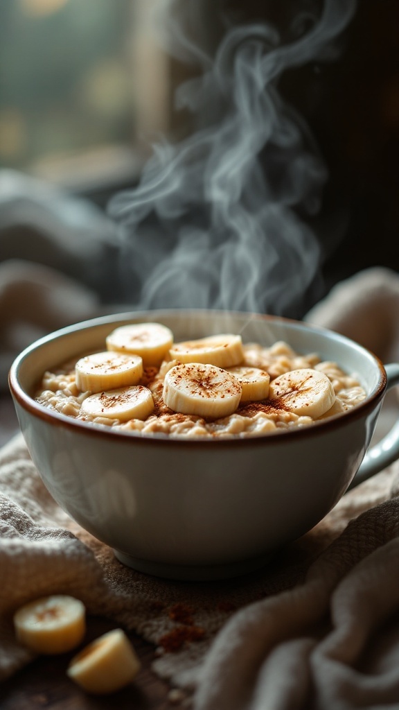 Bowl of oatmeal topped with sliced bananas and cinnamon, with steam rising.