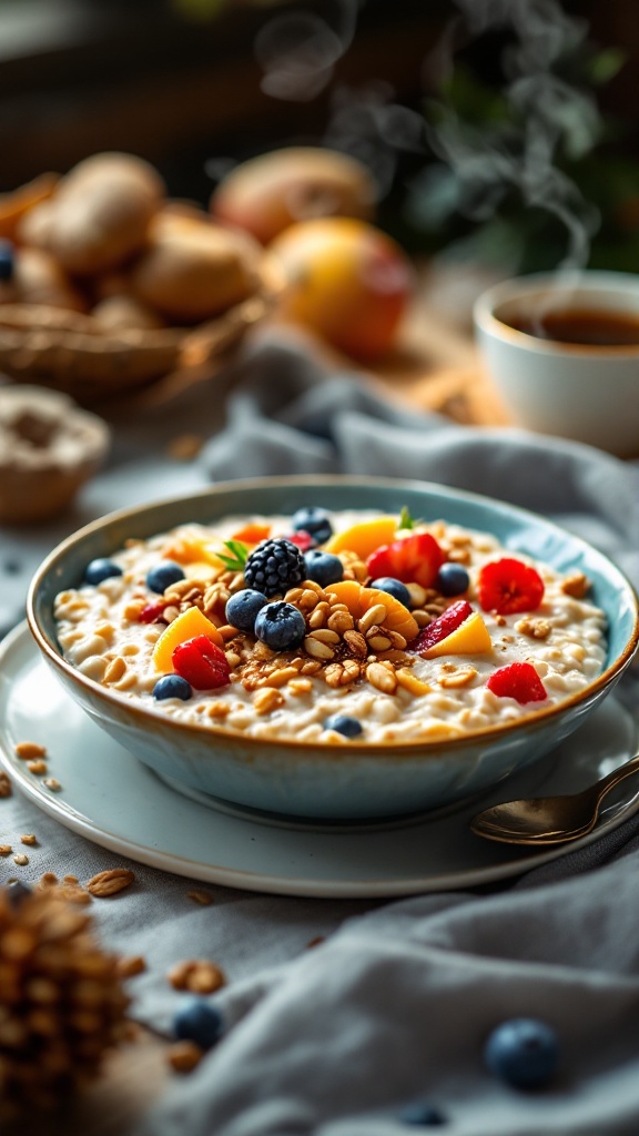 Bowl of oatmeal topped with fresh fruits and nuts, with coffee and pastries in the background.