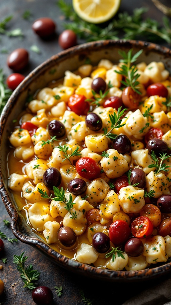 A vibrant Mediterranean dish with gnocchi, olives, and cherry tomatoes, drizzled with olive oil and garnished with herbs.