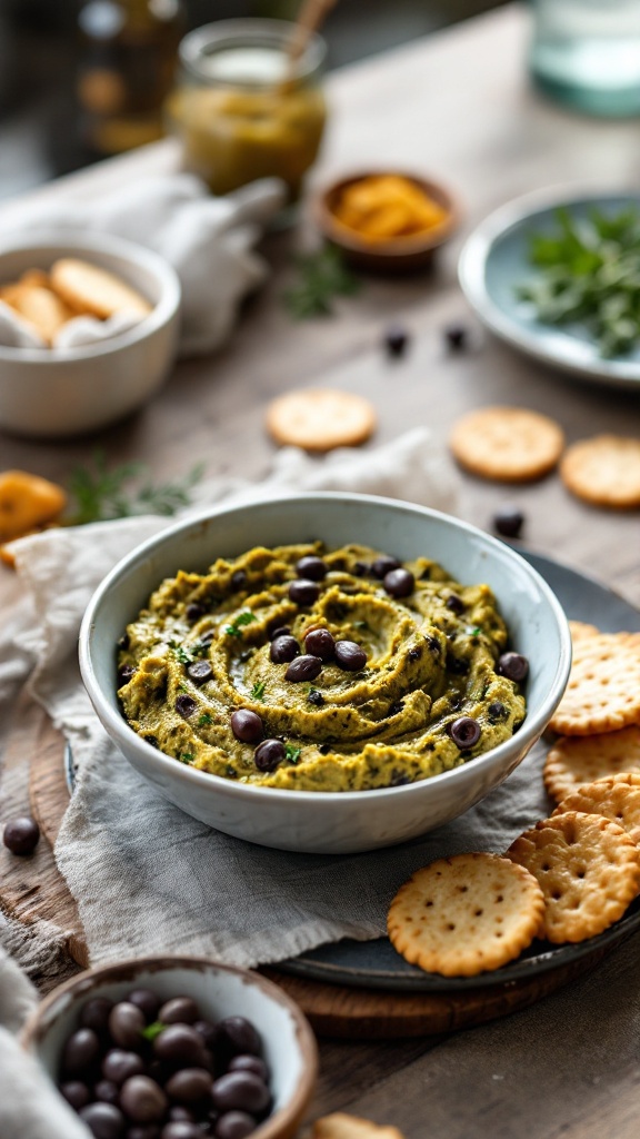 A bowl of olive tapenade garnished with black olives, surrounded by crackers and other snack items on a wooden table.