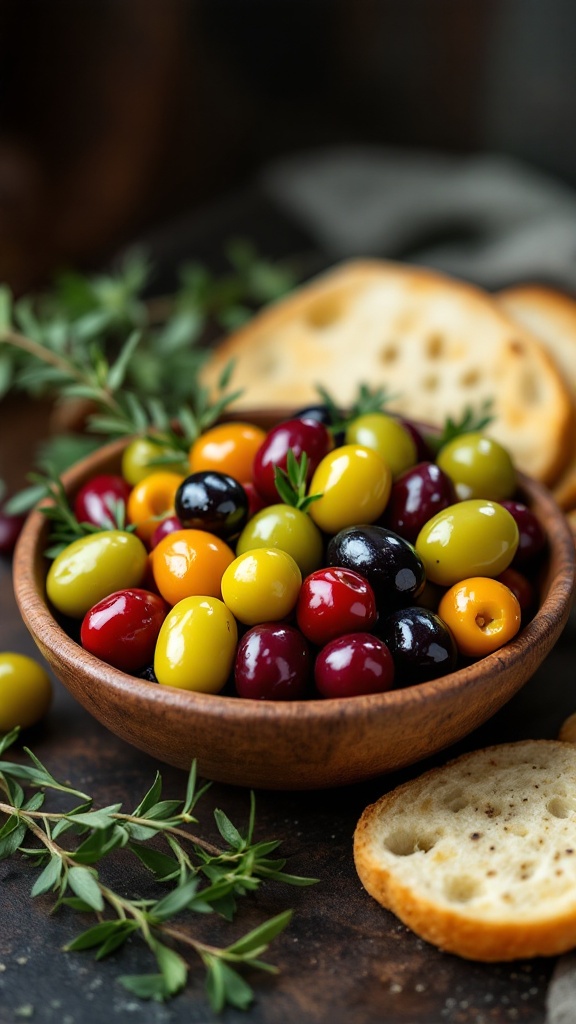 A wooden bowl filled with a variety of olives, surrounded by fresh herbs and slices of bread.