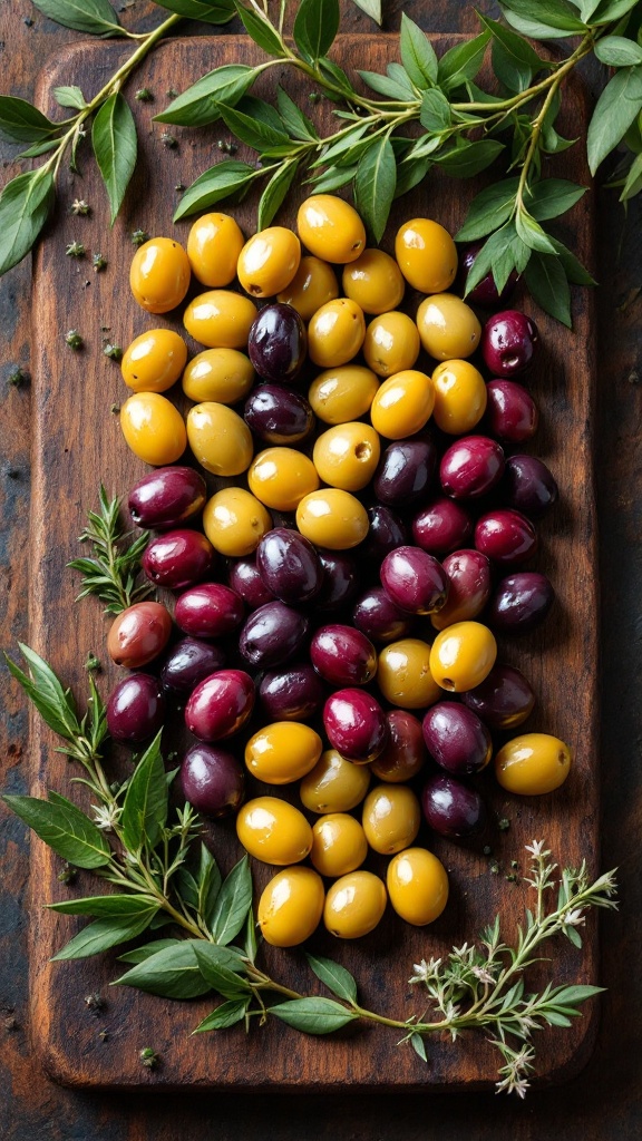 A variety of yellow and purple olives arranged on a wooden platter with fresh herbs.