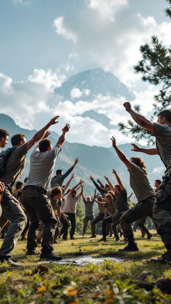 Group of people participating in an outdoor boot camp workout session with mountains in the background.