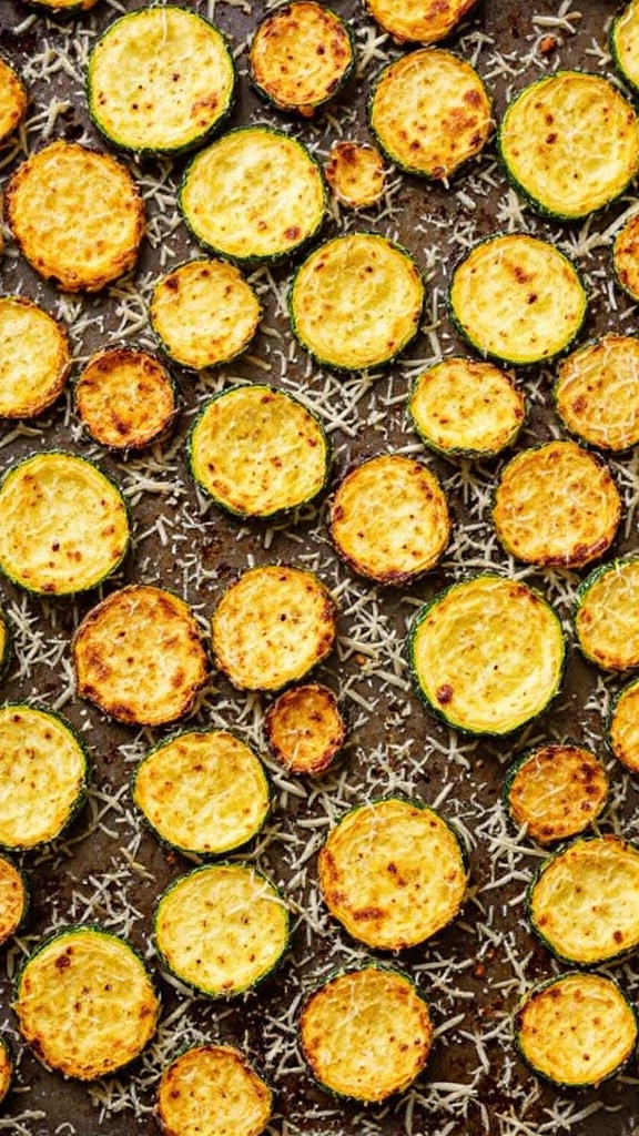 Crispy oven-baked zucchini chips with Parmesan on a baking tray