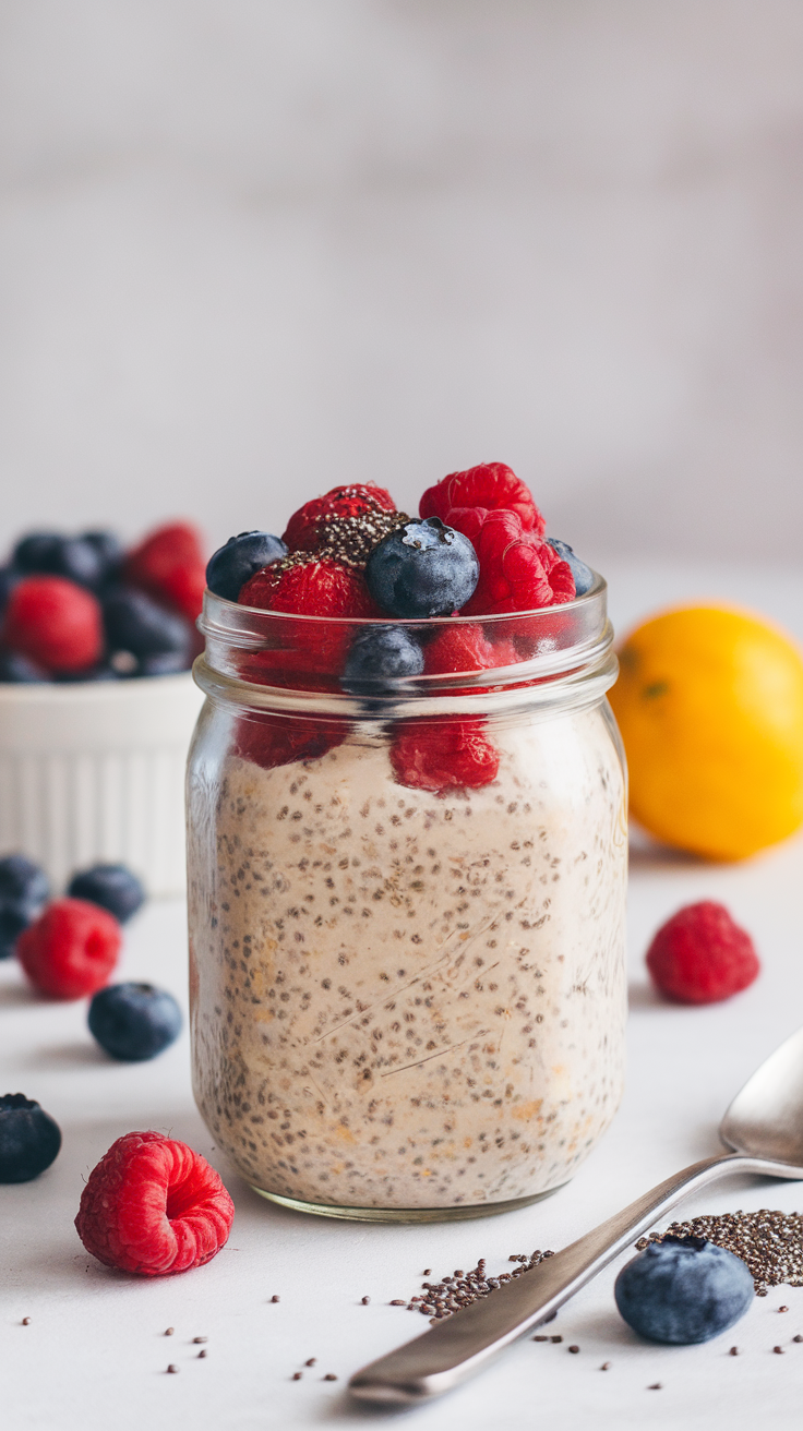 A jar of overnight oats topped with fresh raspberries and blueberries, surrounded by more berries and a lemon.