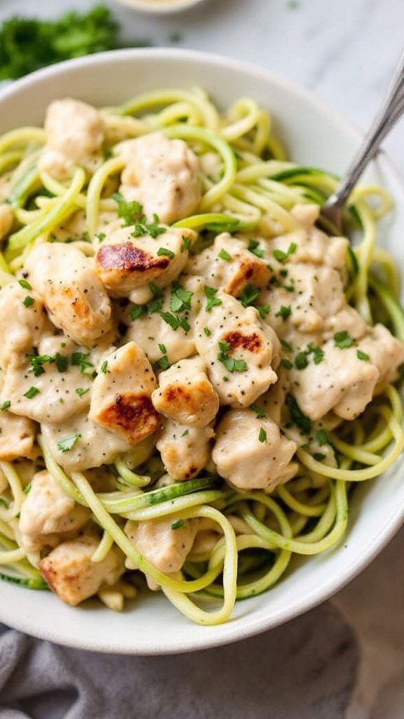 A bowl of Paleo Chicken Alfredo with zucchini noodles and chicken pieces topped with parsley.