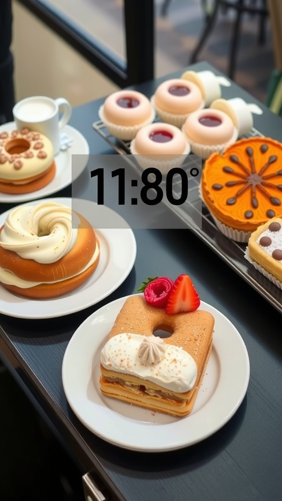 An assortment of colorful pastries displayed on a table, including donuts, cakes, and a cup of coffee.