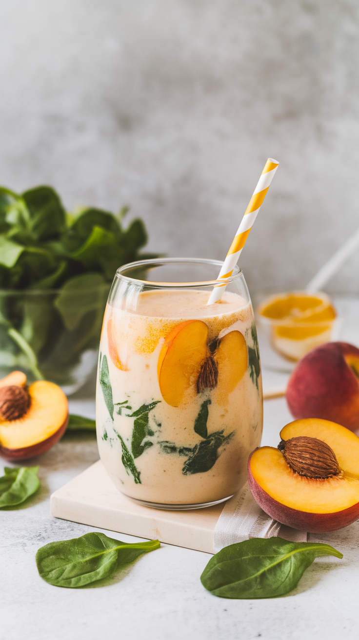 A peach and spinach smoothie in a glass with peach slices on top, surrounded by fresh peaches and spinach leaves.