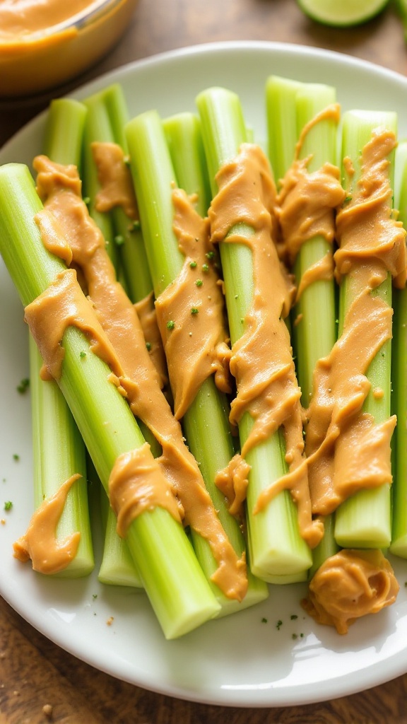 A plate of celery sticks topped with peanut butter.