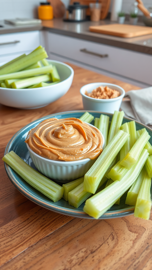 A bowl of creamy peanut butter surrounded by fresh celery sticks on a wooden table.