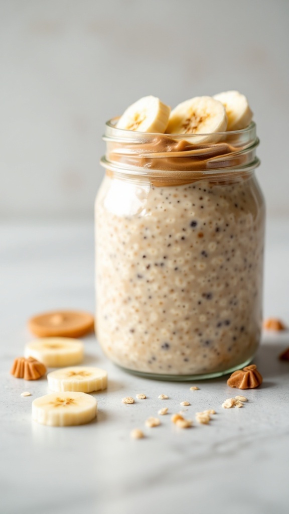 A jar of peanut butter banana overnight oats topped with banana slices and surrounded by banana pieces.