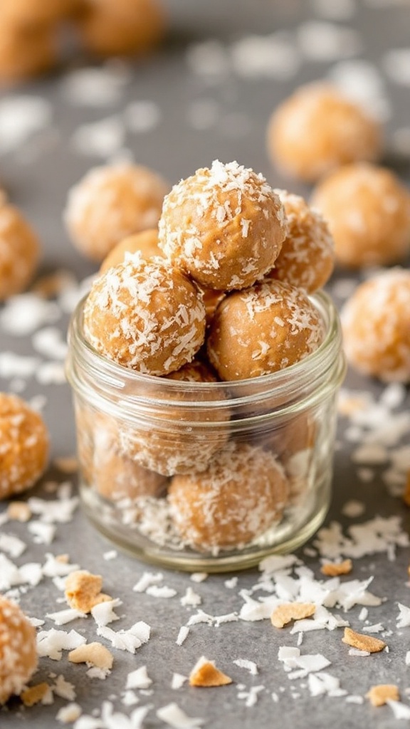 A clear jar filled with peanut butter coconut energy bites, surrounded by shredded coconut.