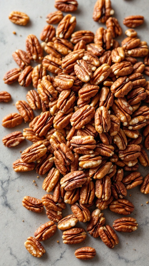 A pile of toasted pecans on a marble surface