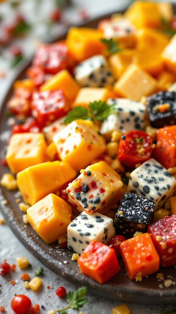 A platter of colorful pepper jack cheese cubes.