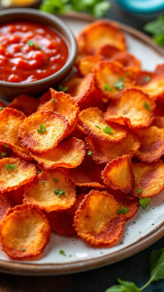 A plate of crispy pepperoni chips with a bowl of dipping sauce.