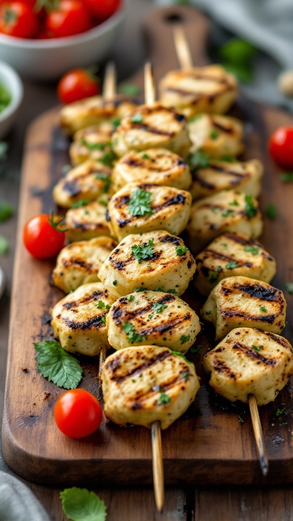 Grilled pesto chicken skewers on a wooden board with cherry tomatoes and herbs