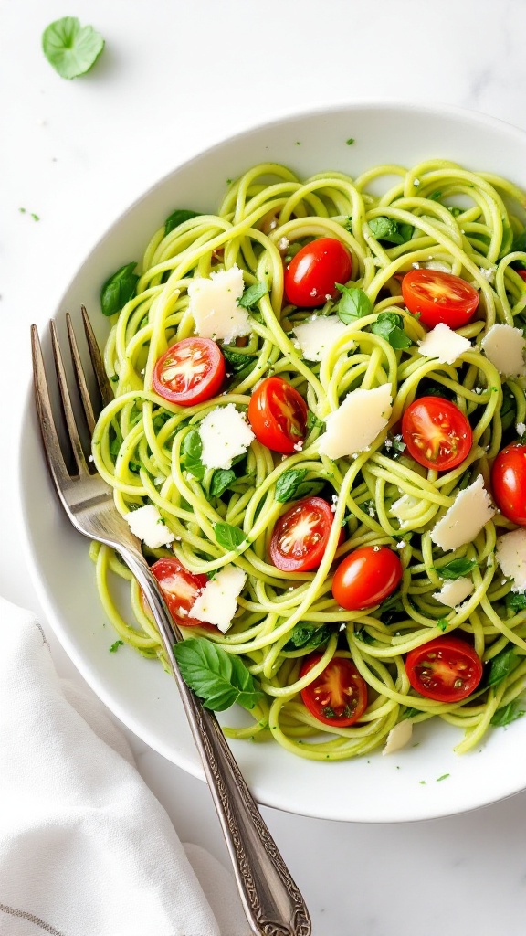 A bowl of Pesto Zoodle Salad with zoodles, cherry tomatoes, and basil.