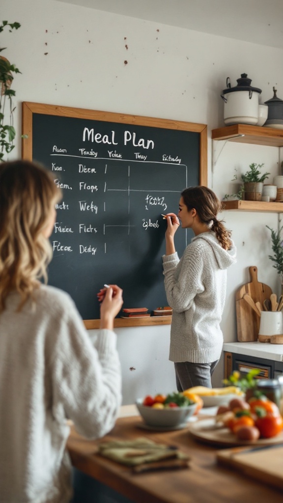 Two people planning a weekly meal menu on a chalkboard in a cozy kitchen.