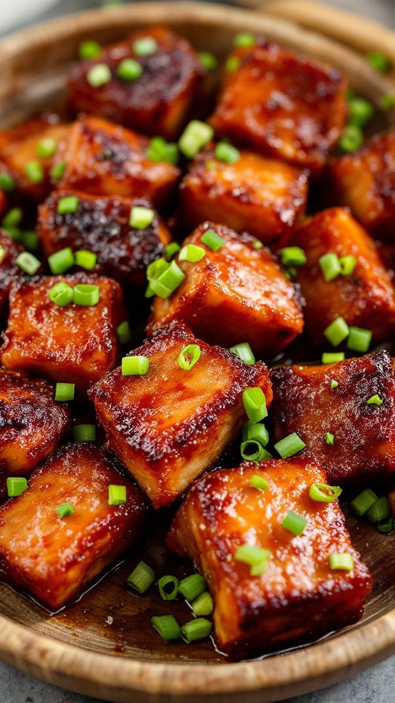 Delicious pork belly bites garnished with green onions in a wooden bowl