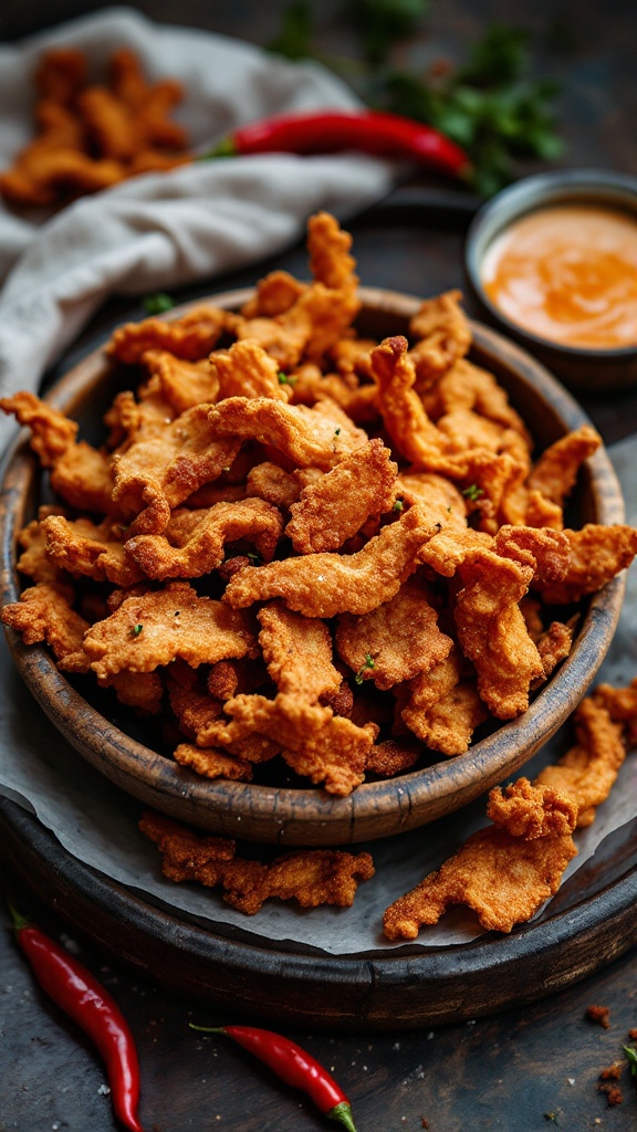 A platter of crispy pork rinds with a small bowl of dipping sauce and red chilies.