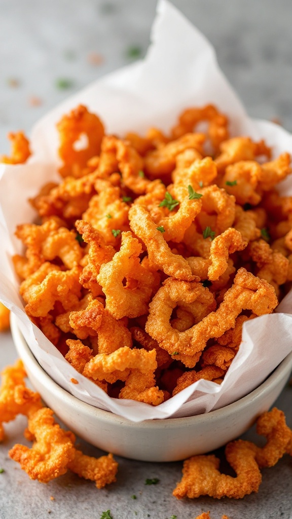 Bowl of crispy pork rinds on a light surface, garnished with herbs.