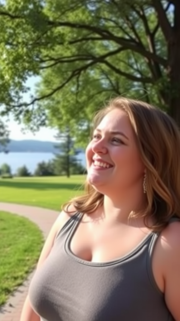 A smiling woman enjoying nature on a sunny day.