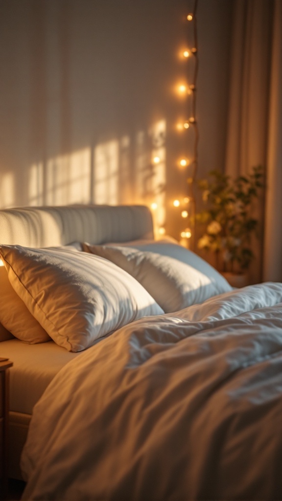 A cozy bedroom with a made bed, fluffy pillows, and warm fairy lights.