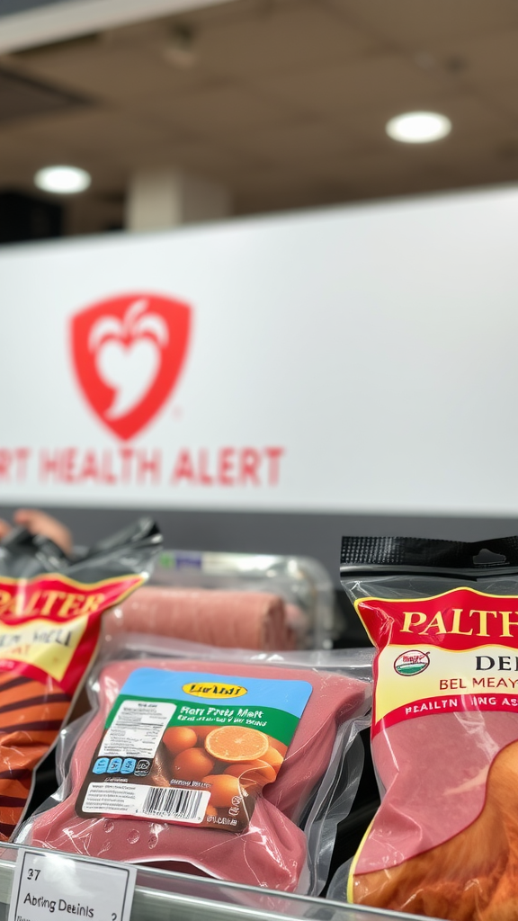 Display of processed meats with a health alert sign in a store.