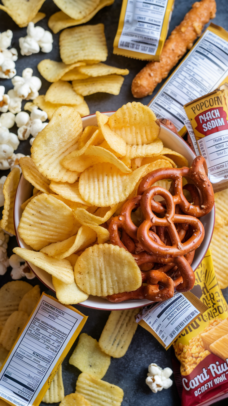 A variety of processed snacks including potato chips, pretzels, and popcorn in a bowl.