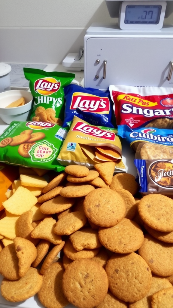 A variety of processed snacks including Lay's chips and cookies laid out on a table.