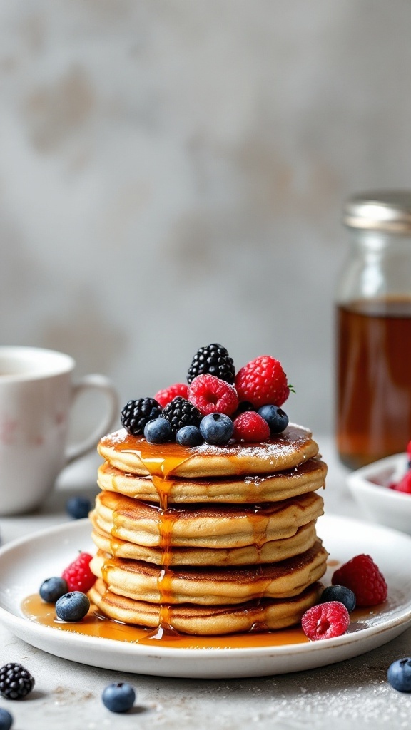 A stack of protein pancakes topped with assorted berries and syrup.