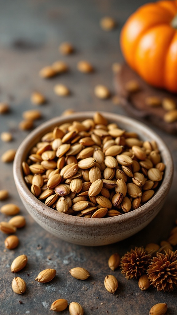 A bowl of golden pumpkin seeds on a rustic surface, with scattered seeds and a pumpkin in the background.