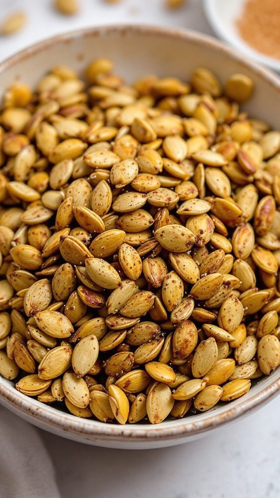 A bowl of roasted pumpkin seeds, golden and crispy, ready to be enjoyed.