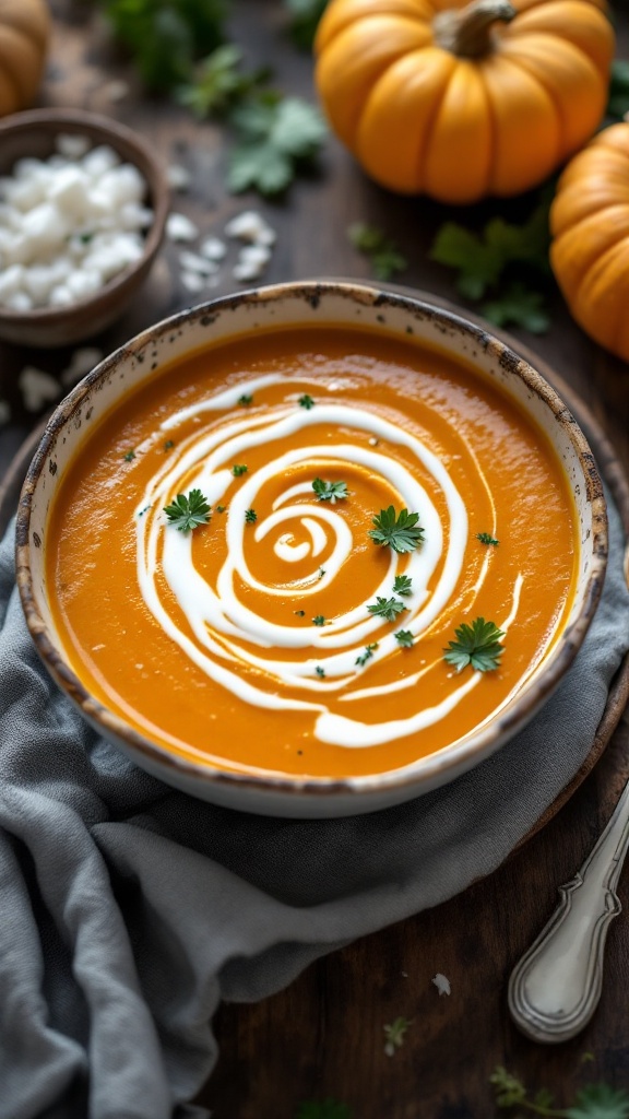 A bowl of pumpkin soup topped with coconut cream, surrounded by fresh herbs and small pumpkins.