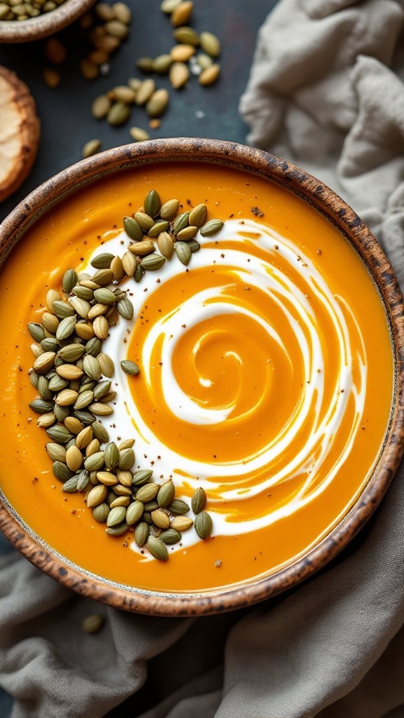 A bowl of pumpkin soup topped with coconut cream and pumpkin seeds.