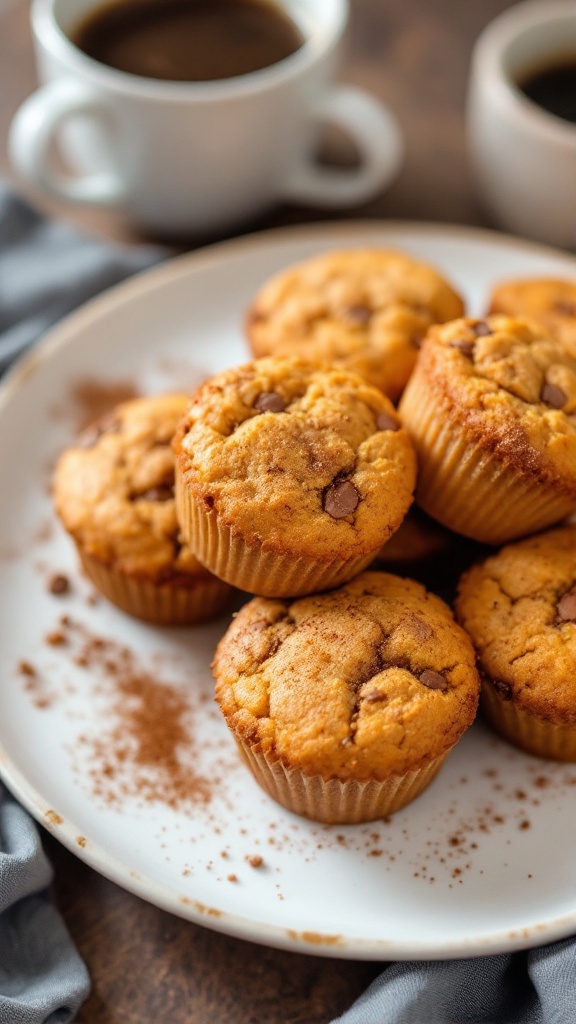 A plate of pumpkin spice keto muffins with chocolate chips and two cups of coffee in the background.