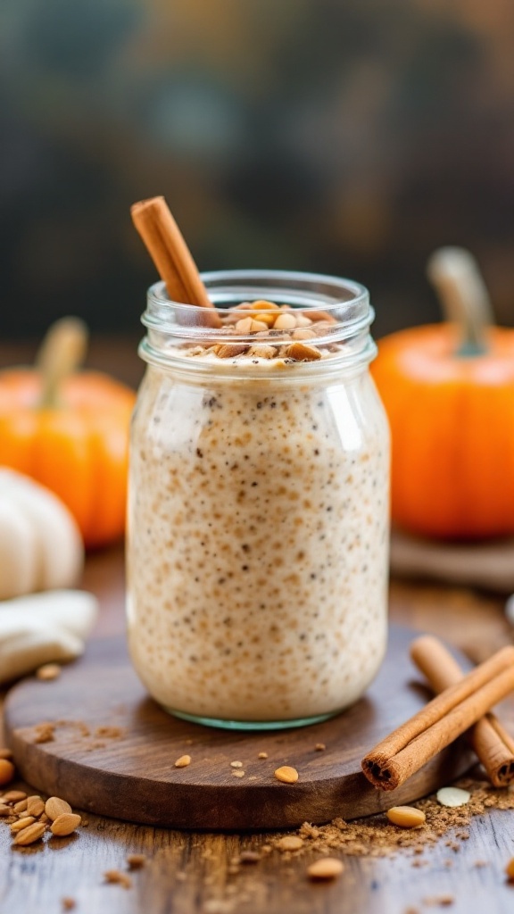 A jar of pumpkin spice overnight oats topped with seeds and a cinnamon stick, with pumpkins in the background.