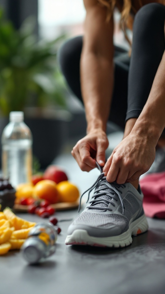 A person tying their shoe before a workout, with fresh fruits and a water bottle nearby.