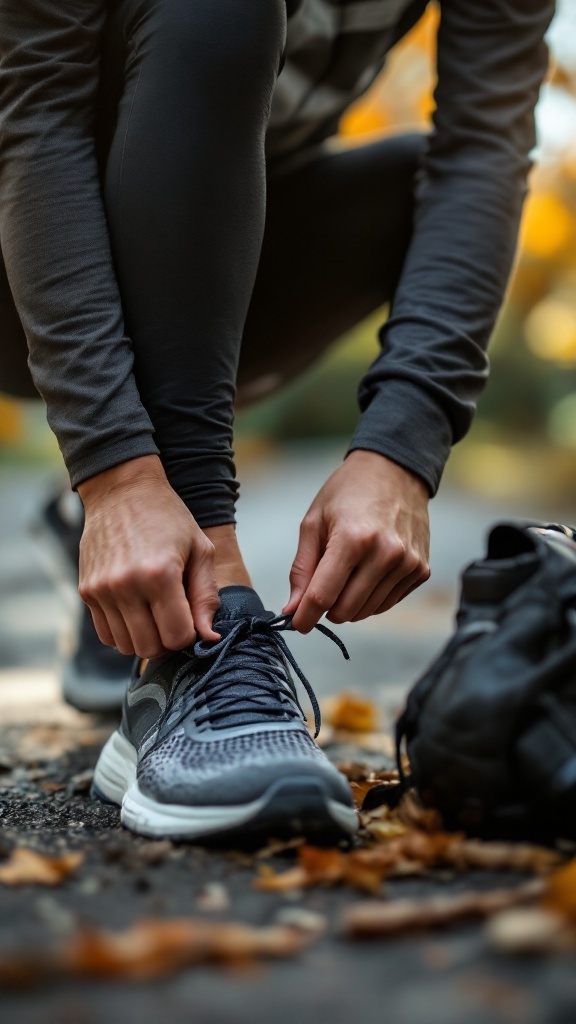 A person tying their shoelaces, preparing for exercise in an outdoor setting.