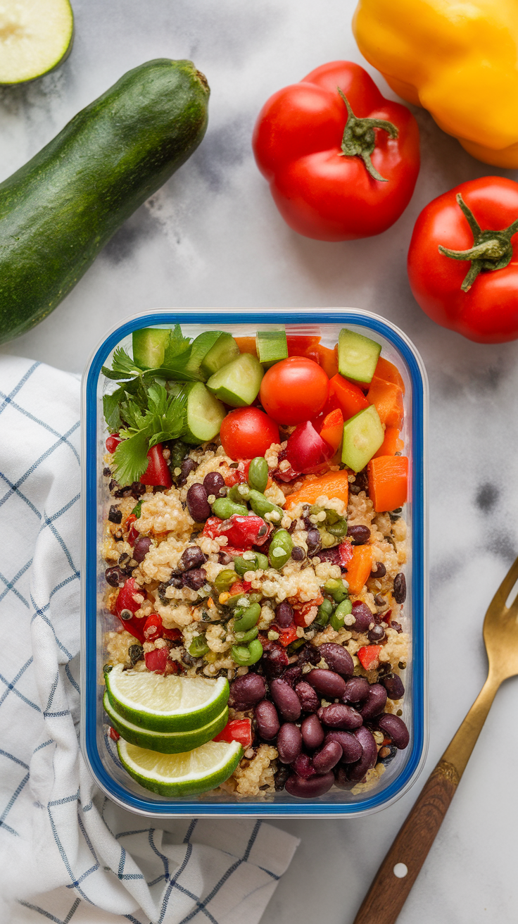 A colorful quinoa and black bean salad in a container with fresh vegetables and lime wedges