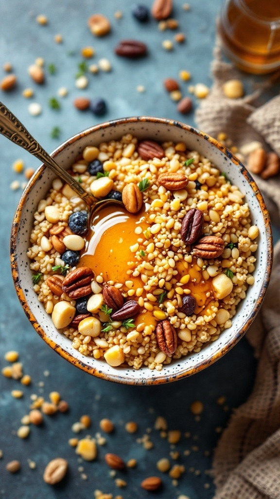 Quinoa breakfast bowl topped with nuts and honey