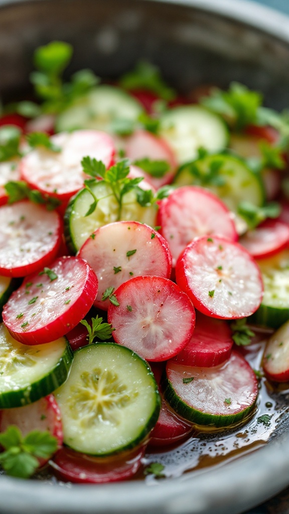 A close-up of a salad with sliced radishes and cucumbers garnished with herbs.