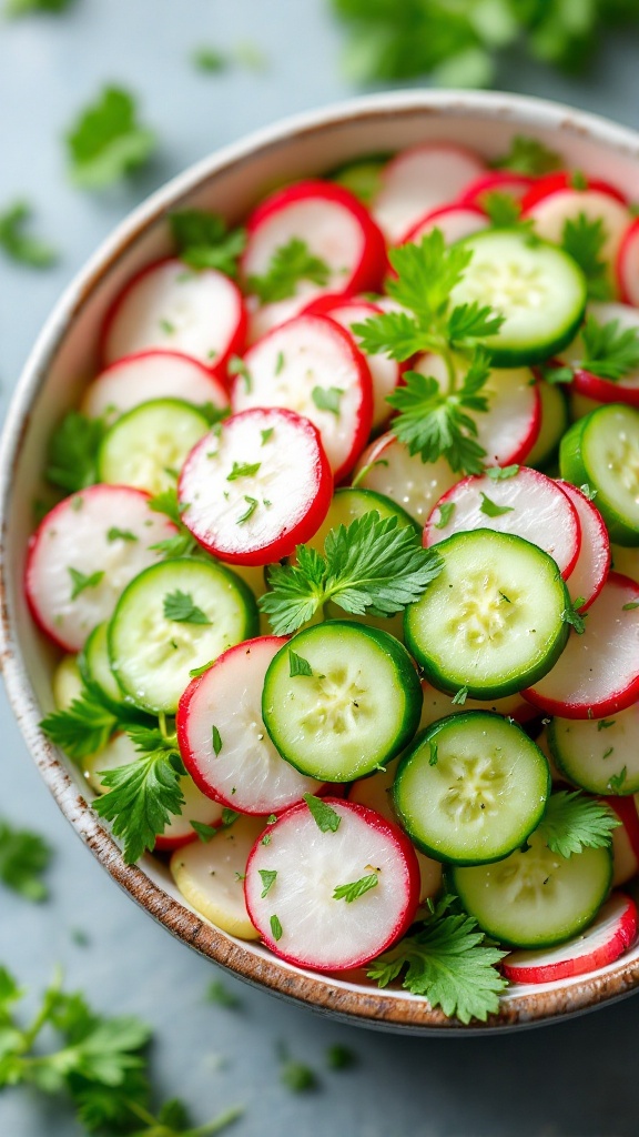 A bowl of radish and cucumber salad garnished with fresh herbs, showcasing colorful slices of radish and cucumber.