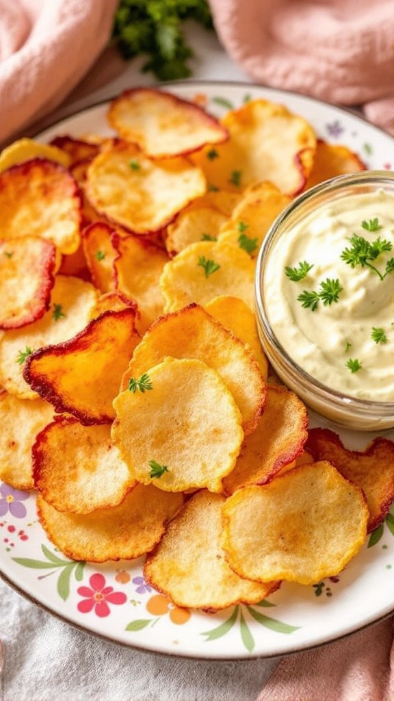 A plate of golden-brown radish chips with a creamy dip garnished with herbs.