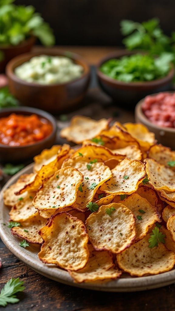 A plate of crispy radish chips surrounded by various dips in bowls