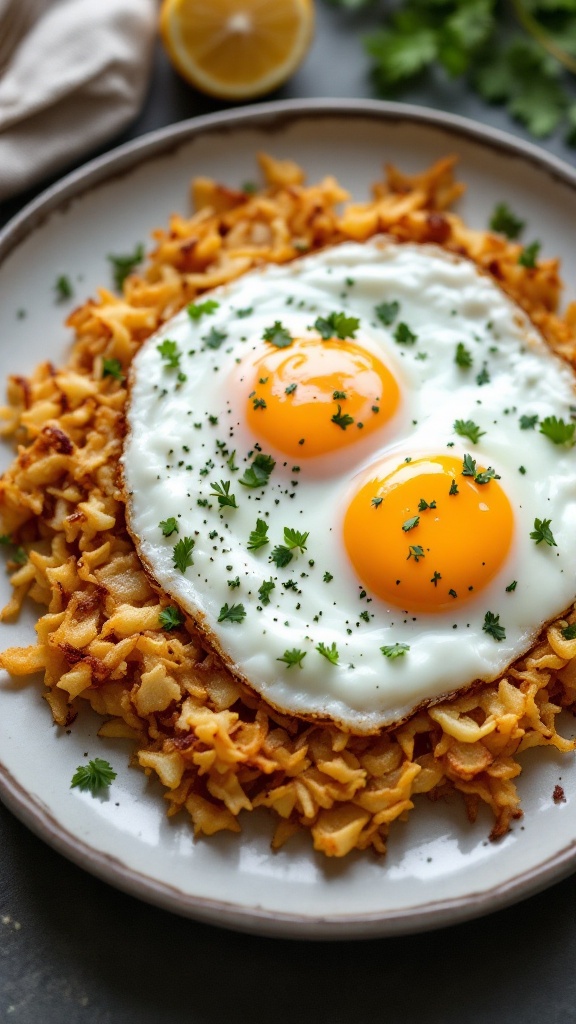 A plate of radish hash browns topped with two sunny-side up eggs and garnished with parsley.